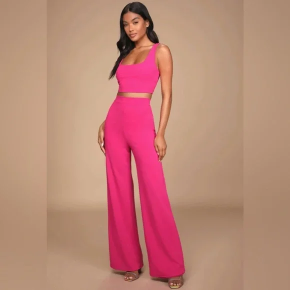 Lulus Only Tonight Hot Pink Two-Piece Wide-Leg Jumpsuit Size Medium - Picture 1 of 12